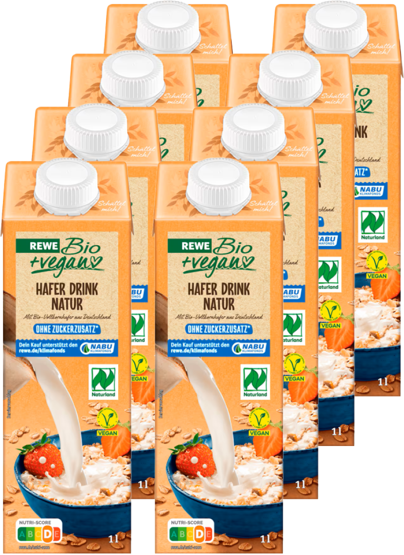 REWE Bio + vegan Hafer Drink ohne Zuckerzusatz (8 x 1.0 l)