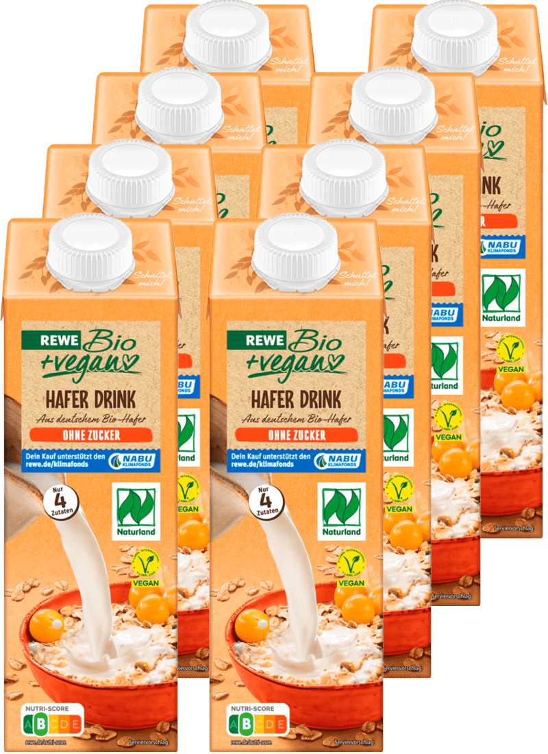 REWE Bio + vegan Hafer Drink ohne Zucker (8 x 1.0 l)